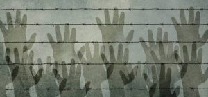 Silhouettes of hands behind a barbed wire, suggesting a refugee camp, a border crossing, or a prison.