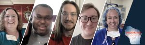 The faces of five people look at the viewer: a woman with chin-length brown hair and rimless eyeglasses; a man with closely worn dark brown hair, mustache and beard in a gray t-shirt and large gold chain; a man with shoulder-length brown hair, mustache, and beard with clear acetate frames; a man with short brown hair and black acetate frames; and a woman in bright blue scrubs, light blue hair net, and white face mask.
