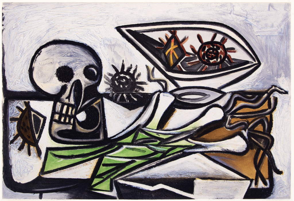 An abstract painting of a tabletop on which a skull and leeks sit. The painting features white, black, green, brown, yellow, and gray tones.