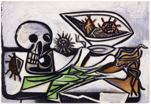 An abstract painting of a tabletop on which a skull and leeks sit. The painting features white, black, green, brown, yellow, and gray tones.
